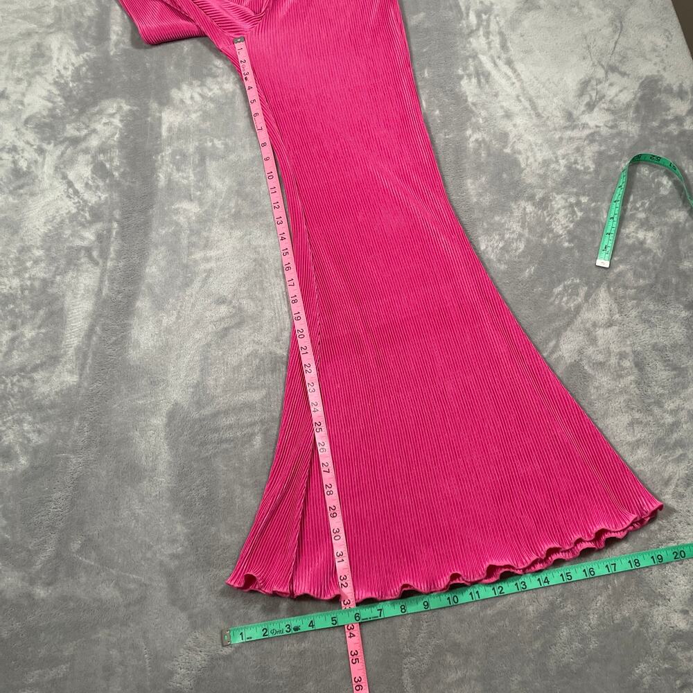 Sleeper Pajama Set Medium Pink Origami Plisse Flowy Silky Lounge Flared Stretch - Picture 11 of 12